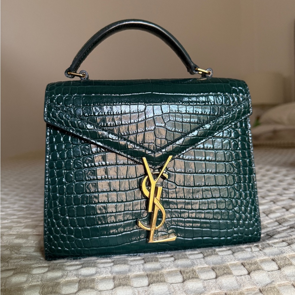 Yves Saint Laurent Green Satchel with Croc-Embossed Leather